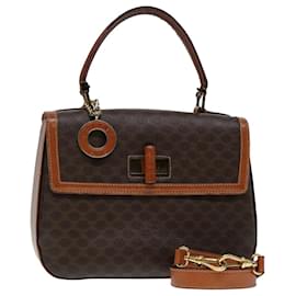 Céline-CELINE Macadam Canvas Hand Bag PVC Leather 2way Brown Gold Auth 91303-Brown,Golden