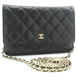 Chanel-CHANEL Grained Calfskin Wallet On Chain WOC Black Shoulder Bag-Black