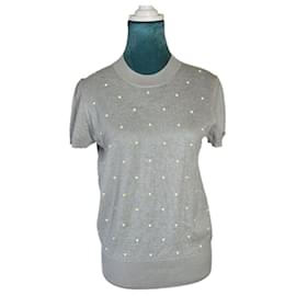 Chanel-Chanel Cashmere CC Pearl Light Gray Short Sleeve Sweater Blouse FR 38-Grey