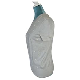 Chanel-Chanel Cashmere CC Pearl Light Gray Short Sleeve Sweater Blouse FR 38-Grey