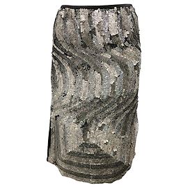 Dries Van Noten Silver Metallic Hologram Sequined Silk Skirt Silvery