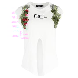 Dolce & Gabbana- Dolce & Gabbana Floral-Embellished Front Tie T-Shirt in White Cotton-White