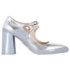Prada Double Strap Mary Jane à Talons Blocs en Cuir Argenté Argenté Métallisé