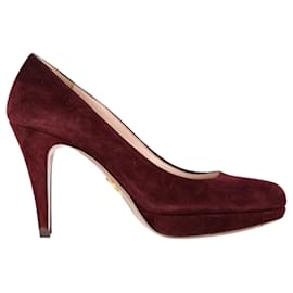 Prada- Prada Platform Heel Pumps in Burgundy Suede-Red,Dark red