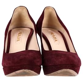Prada- Prada Platform Heel Pumps in Burgundy Suede-Red,Dark red