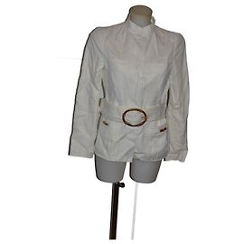 Jaqueta Zara branca de algodão e linho com cinto efeito bambu Branco