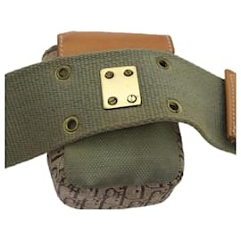 Christian Dior-Christian Dior Trotter Canvas Waist Pouch Canvas Khaki Brown gold Auth 91783-Brown,Golden,Khaki