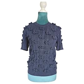 Chanel-Chanel Navy Blue Cotton Knit Bow Applique Sweater Top FR 42-Navy blue