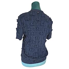 Chanel-Chanel Navy Blue Cotton Knit Bow Applique Sweater Top FR 42-Navy blue