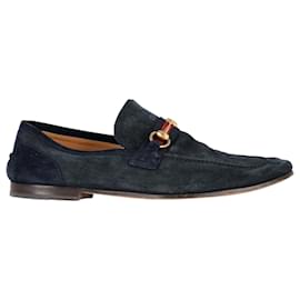 Gucci-Gucci Web Horsebit Loafers in Navy Blue Suede-Blue,Navy blue