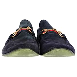 Gucci-Gucci Web Horsebit Loafers in Navy Blue Suede-Blue,Navy blue