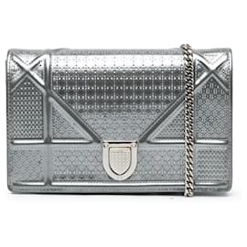 Dior-Dior Silver Metallic Patent Microcannage Diorama Wallet on Chain-Silvery