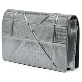 Dior-Dior Silver Metallic Patent Microcannage Diorama Wallet on Chain-Silvery