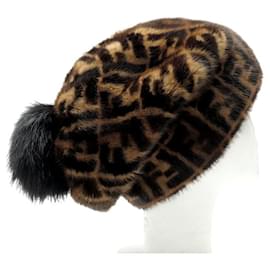 Fendi-NINE FENDI MONOGRAM ZUCCA FNX085 S FOX MINK FUR NEW CAP-Brown