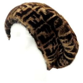 Fendi-NINE FENDI MONOGRAM ZUCCA FNX085 S FOX MINK FUR NEW CAP-Brown