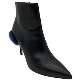 Fendi-Fendi Black / Blue Fur Trimmed Heeled Leather Boots-Black