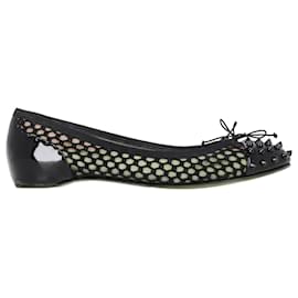 Christian Louboutin-Christian Louboutin Cord Mix Spike Cap Toe Ballet Flats in Black Patent Leather -Black