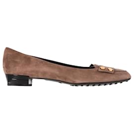Tod's-Tod’s Square-Toe Embellish Heeled Ballet Flats in Brown Suede-Brown