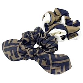Fendi-Fendi Brown and White Silk Scrunchie Set-Brown,White
