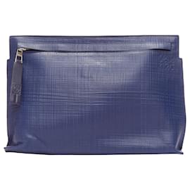 Loewe-Loewe T Pouch Textured Checkered Leather Zip Wrist Clutch Bag-Blue,Navy blue