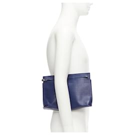 Loewe-Loewe T Pouch Textured Checkered Leather Zip Wrist Clutch Bag-Blue,Navy blue