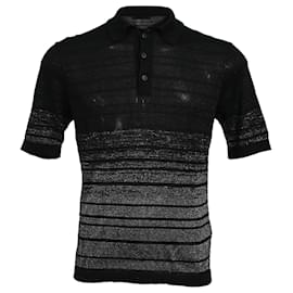 Saint Laurent- Saint Laurent Knitted Metallic Stripe Short Sleeve Polo Shirt in Black and Silver Linen-Black