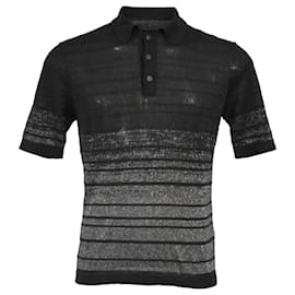 Saint Laurent- Saint Laurent Knitted Metallic Stripe Short Sleeve Polo Shirt in Black and Silver Linen-Black