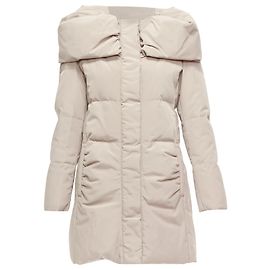 Max & Co Caldo Bateau Foldover Collar Fitted Long Puffer Coat Brown Beige