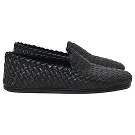 Mocassins de couro preto com weave Intrecciato da Bottega Veneta Preto