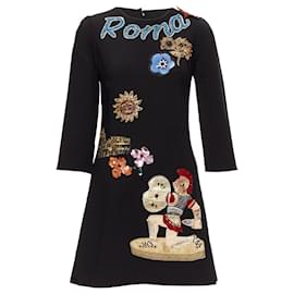 Dolce & Gabbana-Dolce Gabbana Roma Warrior Sequin Leather Patch Shift Dress-Black
