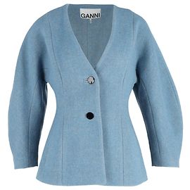 Blazer Ganni em twill com mangas curvas em lã azul claro Azul Azul claro
