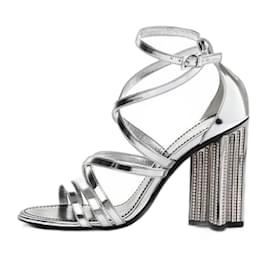 Louis Vuitton-Louis Vuitton Metallic Patent Crystal Silhouette Criss Cross Sandals Silver-Silvery
