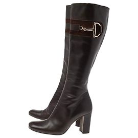 Gucci Dark Brown Leather Horsebit Knee Length Boots Brown