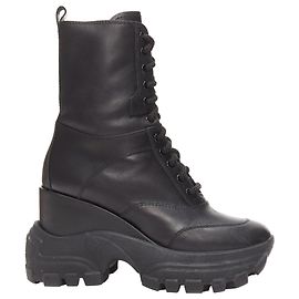 Stivali militari chunky in pelle con logo Miu Miu e lacci Nero