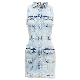 Balmain Distressed Denim Silver Buttons 4 Pocket Fitted Dress Blue