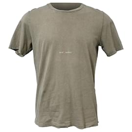 Saint Laurent-Saint Laurent Logo-Print Distressed-Effect T-shirt in Khaki Cotton-Green,Khaki
