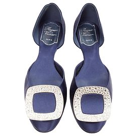 Roger Vivier Chips Strass Satin Crystal Square Buckles Flat Shoes Blue Navy blue