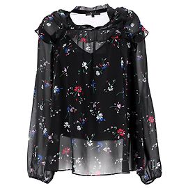 Maje Rüschentop mit Blumenmuster aus schwarzem Polyester Schwarz
