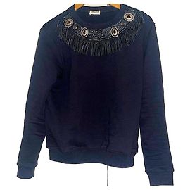 Authentischer Saint Laurent 14 AW Slimane Sweatshirt aus Lammleder mit Fransen und Metallornament Schwarz