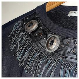 Saint Laurent-Authentic Saint Laurent 14 AW Slimane Lambskin Tassels Metal Ornament Sweatshirt-Black