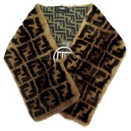 Fendi-NINE FENDI MONOGRAM ZUCCA LOGO FUR SCARF FOX MINK-Brown