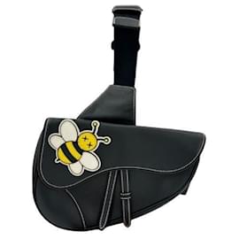 Christian Dior-Christian Dior Kaws Saddlebag in Black Leather-Black