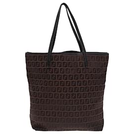 Fendi-FENDI Zucchino Canvas Tote Bag Brown Black Silver Auth fm3814-Brown,Black,Silvery