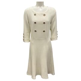 Edward Achour-Edward Achour Paris Ecru / Gold Button Detail Wool Crepe Dress-Cream