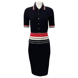 Abito polo in cotone a coste Thom Browne blu navy / rosso / bianco Blu