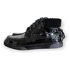 Saint Laurent-Joe Mid Boat black patent lace up ankle boots-Black