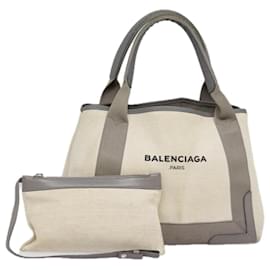 Balenciaga-BALENCIAGA Sac à main Cabas S en toile et cuir bleu marine blanc beige 339933 Auth ep5793-Blanc,Beige