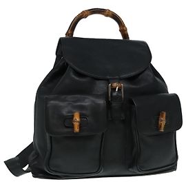 GUCCI Bamboo Backpack Leather Black Gold 008 2058 0016 Auth am6979 Black Golden