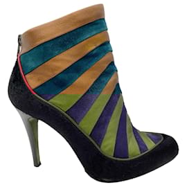 Christian Louboutin-Christian Louboutin Black / Bronze Metallic / Teal Calf Hair, Suede, and Leather Ankle Boots-Multiple colors