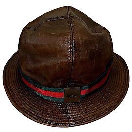 Authentic Gucci Rare Tom Ford Brown Leather Web Bucket Hat Brown